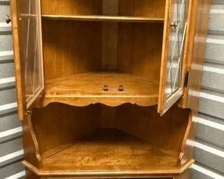 Vintage Wood Corner Hutch Cabinet with Leaded Glass Doors