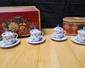 Royal Copenhagen Blue Fluted Plain Lidded Demitasse Set Set of 6 with Decorative Boxes