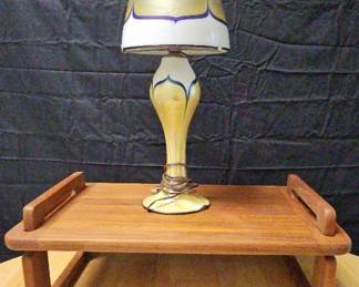 1980s HandPainted Art Glass Lamp with MidCentury Dansk Teak Tray Vintage Decorative Pair
