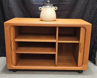 MidCentury Modern Teak Media Console Storage Cabinet with Studio Pottery Jug