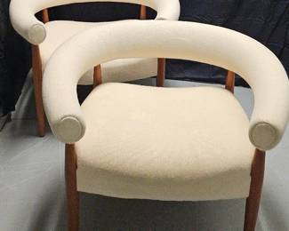 003 Pair of MidCentury Modern Style Barrel Back Accent Chairs Cream Boucl Upholstery