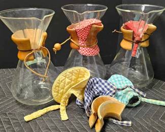 MidCentury Modern Chemex Coffee Maker Set 3 Glass Carafes with Extra Collars Handmade Cozies