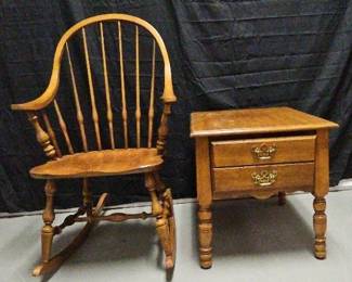 Windsor SpindleBack Rocking Chair and Solid Wood TwoDrawer Side Table Matching Set