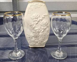 Lenox Ivory Embossed Rose Vase with Pair of GoldRimmed Wine Glasses Classic Timeless