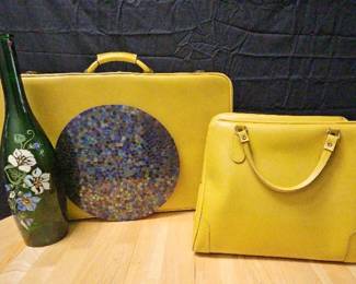 Vintage Crouch Fitzgerald Yellow Luggage Set with Mosaic Plate HandPainted Glass Bottle