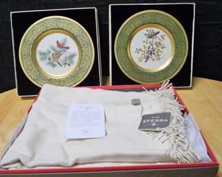 Pickard Limited Edition Lockhart Birds Plates 1972 Sferra Italian Cotton Throw Boxed Gift Set
