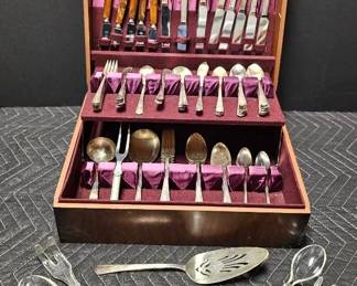Vintage Mixed Silverplate Flatware Set with Storage Chest Assorted Pieces