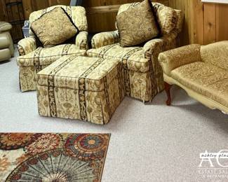 Upholstered arm chair Grecian-style gold/black #1 by southwood in Hickory NC Chair: 32”h x 33”w x 37”d
Upholstered arm chair Grecian style gold/black #2 with Ottoman by Southwood in Hickory NC "Chair: 32”h x 33”w x 37”d
Ottoman:18” h x 29”w x 22”d"
