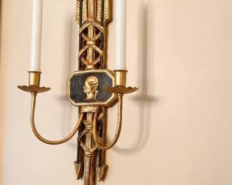 Vintage Pair of Wood Black and Gold Reproduction Wall Sconces with Candles