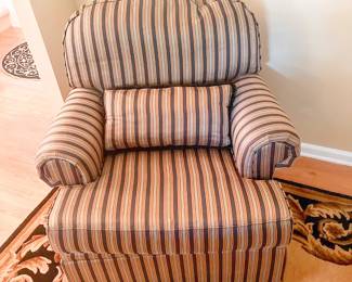 Armchair- Green, Black and Gold striped Upholstered Arm Chair by Southwood, Hickory, NC # 1 / 34h” x 31w” x 37d”