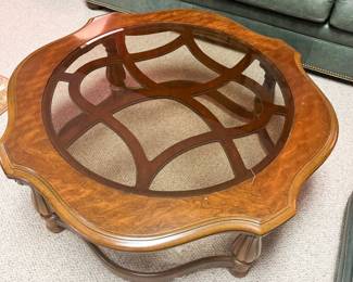 Vintage Quatrefoil wood and glass top coffee table by Gordon’s 38” dia x 17” h