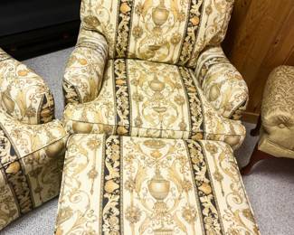 Upholstered arm chair Grecian style gold/black #2 with Ottoman by Southwood in Hickory NC "Chair: 32”h x 33”w x 37”d
Ottoman:18” h x 29”w x 22”d"