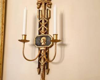 Vintage Pair of Wood Black and Gold Reproduction Wall Sconces with Candles