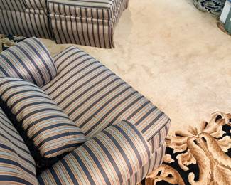 Armchair- Green, Black and Gold striped Upholstered Arm Chair by Southwood, Hickory, NC # 2 / 34h” x 31w” x 37d” and Ottoman