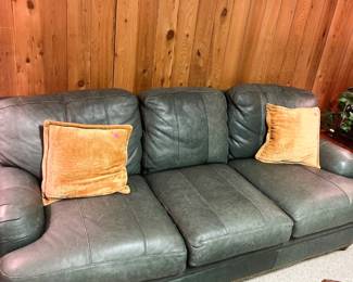 Green leather Couch by Hancock & Moore 32”h x 82”w 38”d