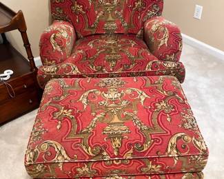 Armchair- Maroon upholstered Armchair by Southwood, Hickory, NC # 2 "Chair: 34”h x 34”w x 36” d
Ottoman: 17”h x 29”w x 22”d"