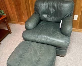 Green leather armchair with matching ottoman by Hancock & Moore "Chair:32”h x 35”w 41”d
Ottoman: 16”h x 25”w x 19”d"