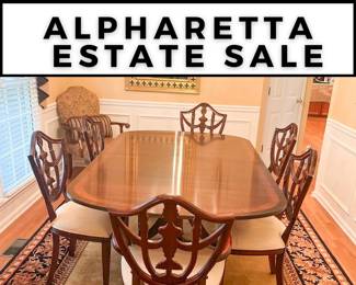 Alpharetta Estate Sale by Ashley Glass Estate Sales on June 6-7, 2025. Preview DINING ROOM Maitland-Smith Casual Dining table with 6 Shield Arm Chair (leaf) "Measurement w/o leaf
30”h x 75”l x 46”w "