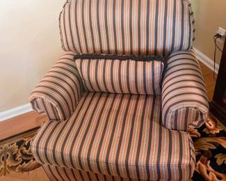 Armchair- Green, Black and Gold striped Upholstered Arm Chair by Southwood, Hickory, NC # 2/ 34h” x 31w” x 37d”