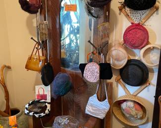 Antique hall tree, vintage purses & hats