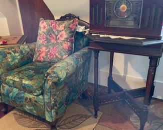 Antique chair, table, repro radio