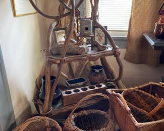 Twig etagere, handmade baskets