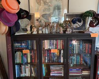 Antique bookcase, head vases, hat pins