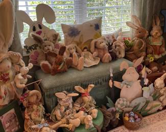 Lots of collectible rabbits, window bench