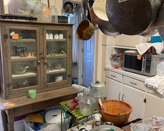 Farm table, cabinet, cookware