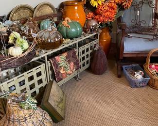 Eastlake platform rocker, fall decor, metal bench w/baskets