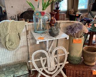 Twig table, metal chest, basket