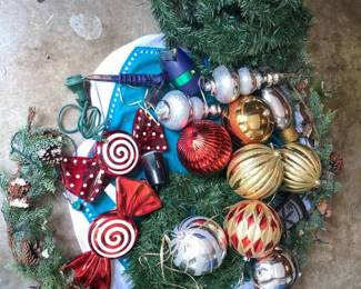 Large Lot Of Christmas Decorations Garland, Large Christmas Bobbles, Tree Skirt And More