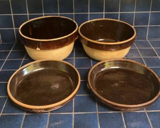 Vintage Cook Rite Stoneware 2 Mixing Bowls And 2 Pie Plates