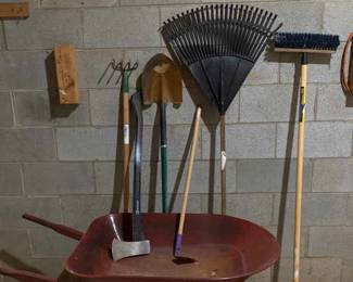Lot Of Outdoor Tools Including Wheelbarrow, Shovel, Kobalt Axe, Rake, Hoe, And More
