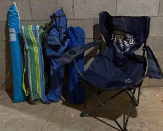 Lot Of 4 Foldable Camping Beach Chairs And One Beach Umbrella