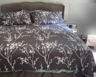 King Size Bed W Pewter Upholstered Headboard W Nailhead Trim And Metal Rails