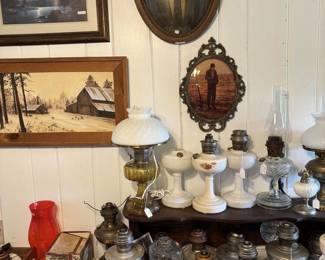Aladdin electric and kerosene lamps, vintage framed prints
