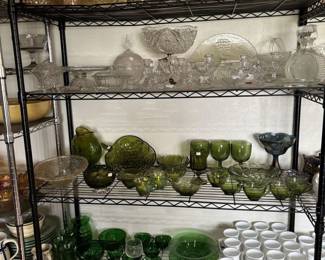 Amber glass, green glass and milk glass mugs