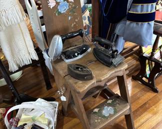 Wooden stool/ironing board, vintage irons and linens