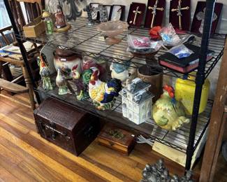 Pink depression glass, religious items and cookie jars