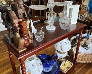 Crystal cut glass scale, pitcher and bowl and matching lamps