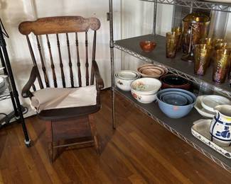 Vintage potty chair, carnival glass and crockery