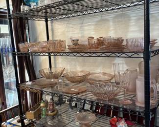 Aqua glass, pink depression glass and chicken collection