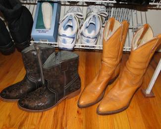 Shoes are size 8 or 7 1/2 narrow Taos embroidered green leather boots. Stewart handmade camel leather cowboy boots