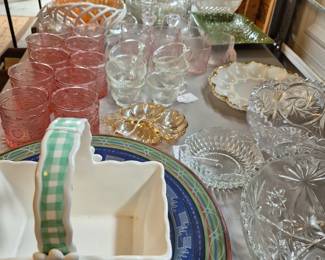 Egg tray, pink depression glass, large plates.