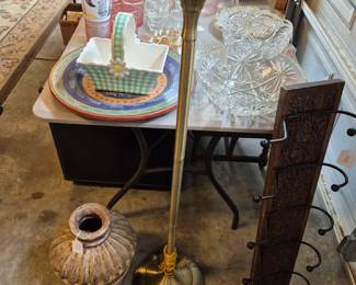 Floor lamp, glassware, pot and hanger shelf.