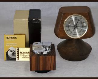 Mid Century Modern Ronson Lighter with Original Box and Mid Century Weather Gauge