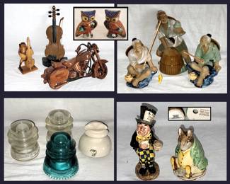 Cloisonne Owl Shakers, Wooden Sculptures, Mudmen, Insulators and Beswick