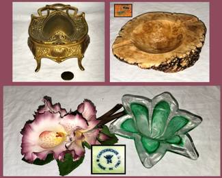 Art Nouveau Trinket Box, Vintage Alabaster Ashtray and Capodimonte and Glass Flowers