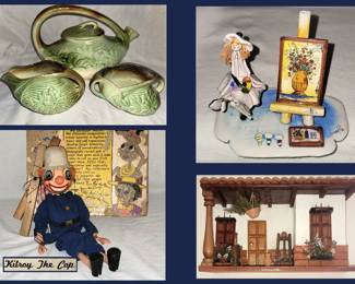 McCoy Tea Set, Zampiva Signed Sculpture, Kilroy the Clown Puppet with Original Box and Front Porch Diorama